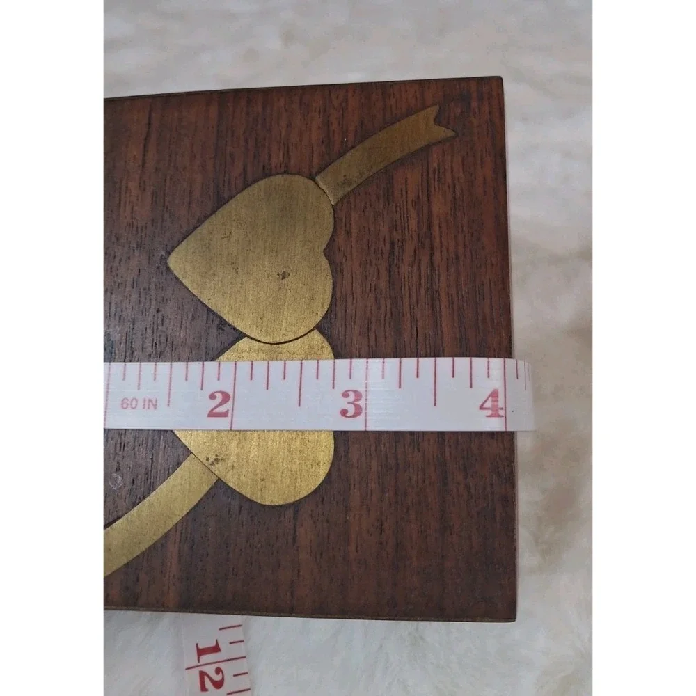 Teak Wooden Jewelry Box Brass Hearts Inlay Vintage Trinket Wood Hinged Lid NY